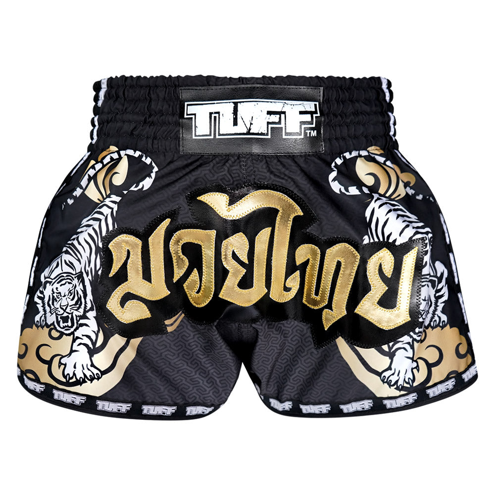 Double Tiger With Gold Text Black - Muay Thai Short